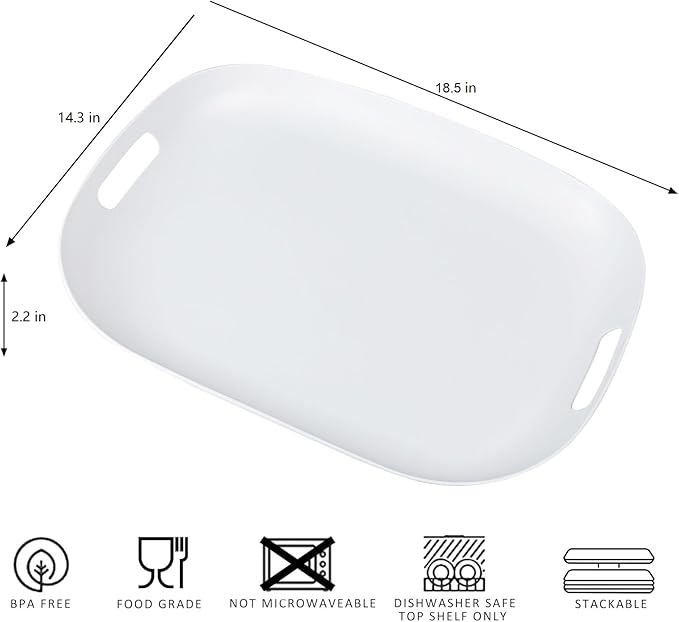 Extra Large Serving Platter, Set of 2, 18.75 x 14.375 x 2 Inch Large Melamine Serving Tray with Handle,Rectangular Serving Trays for Party, Big Turkey Platter, Dishwasher Safe, Matte White