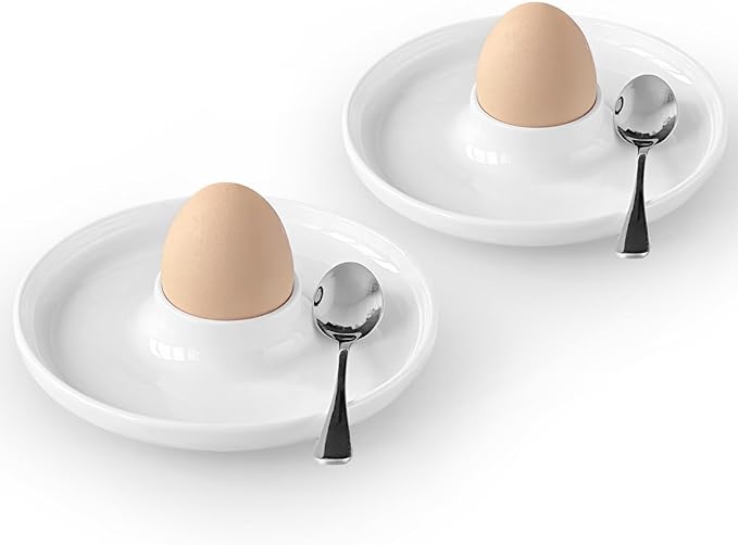 Cinf EggHolder & Spoon Set 2 Ceramic Egg Holders + 2 SS Spoons Breakfast Plate White 5.5'' Food Container Egg Tray Dinner Serving for Hard Boiled Eggs, Easter & Deserts Kitchen