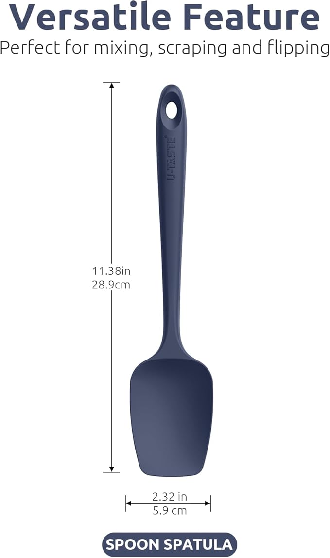 U-Taste Silicone Spoon Spatula Set: 480ºF Heat Resistant Food Grade Flexible Rubber Spoonula, Nonstick Cooking Mixing Scooping Kitchen Baking Scraper Utensils Set of 3 for Pan, Bowl (Midnight Blue)