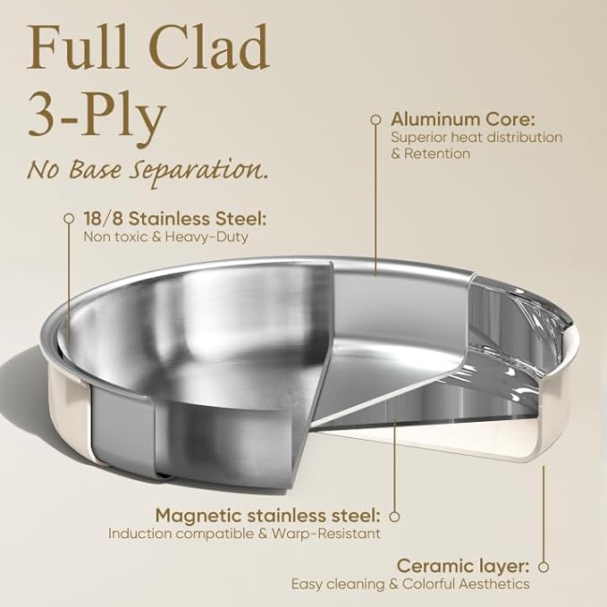 CAROTE 19pcs Tri-Ply Stainless Steel Cookware Set with Detachable Handle, Pots and Pans Set, Induction Kitchen Cooking Sets, RV/Camping Cookware, Outer Ceramic Layer, Oven Safe, Cream White