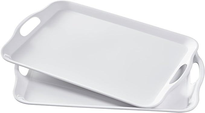 Blue Boat 16.5" x 11.5" Serving Trays Set of 2 White, Dinner Tray, Light Weight Easy to Clean Sturdy Stackable Melamine Serving Tray with Handle, Fruit, Snacks, and Desserts Trays