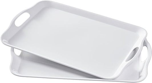 Blue Boat 16.5" x 11.5" Serving Trays Set of 2 White, Dinner Tray, Light Weight Easy to Clean Sturdy Stackable Melamine Serving Tray with Handle, Fruit, Snacks, and Desserts Trays