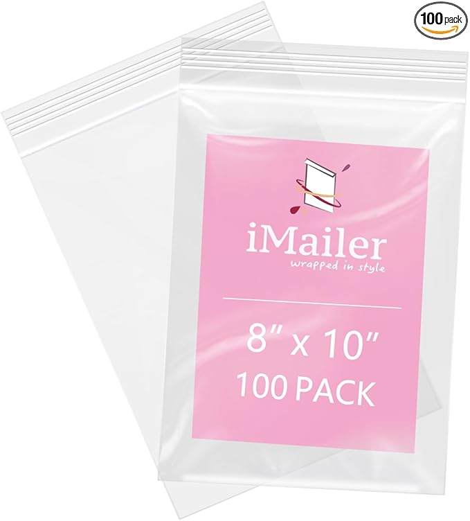 iMailer - 100 Pcs- 8" x 10" Plastic Zip Poly Bags- Clear Resealable Zip Bag for Art Prints, Brochure, Photoes, Handicraft Gift