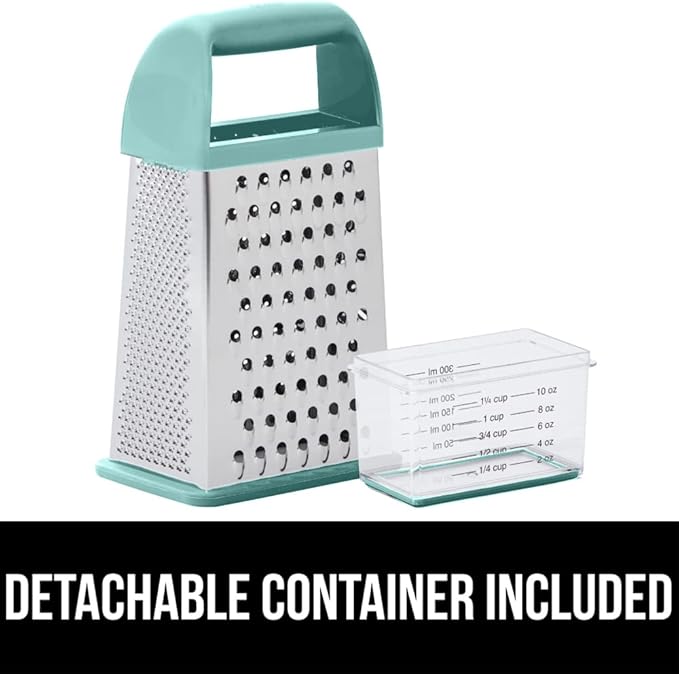 GORILLA GRIP 4-Sided 100% BPA-Free Cheese Grater With Container, Stainless Steel XL Box Graters, Parmesan Shredder, Grate Cheeses, Shred Veggies, Slip Resistant Handle, Dishwasher Safe Zester, Mint