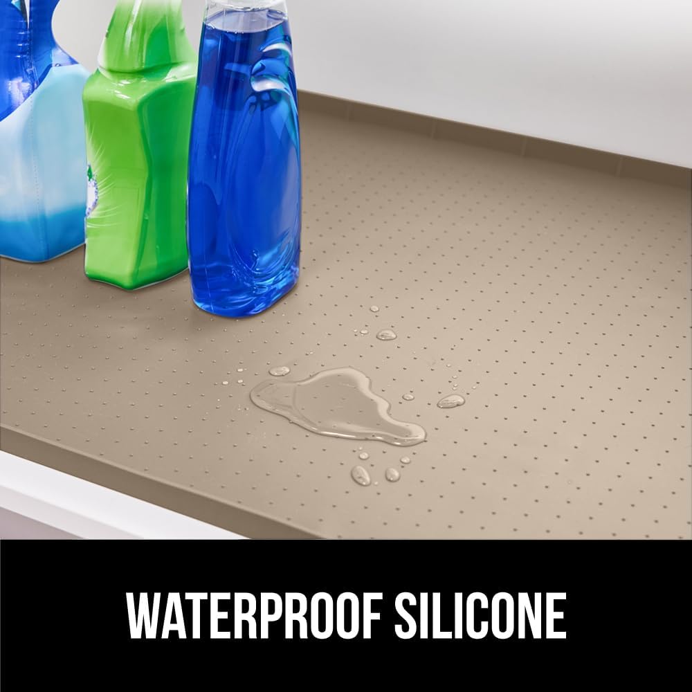GORILLA GRIP Waterproof Silicone Under Sink Mat with Raised Lip for Kitchen and Bathroom, 46 x 22 in, Cabinet Shelf Liner Stay in Place Mats Dishwasher Safe Drawer Liner, Organizer Tray, Beige