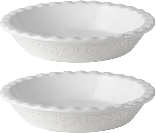 Fun Elements Pie Pan, 9 Inch Ceramic Pie Dish, Deep Dish Pie Pan with Lace Emboss, Ruffled Pie Plate for Baking, Thanksgiving Christmas Gifts, Set of 2, White