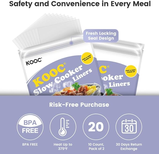 KOOC Slow Cooker Liners 8"x11" 20 Count Mini Size Disposable Pot Liners Cooking Bags Fit 0.65 qt to 1.25 qt Pot BPA Free Fresh Locking Seal Design