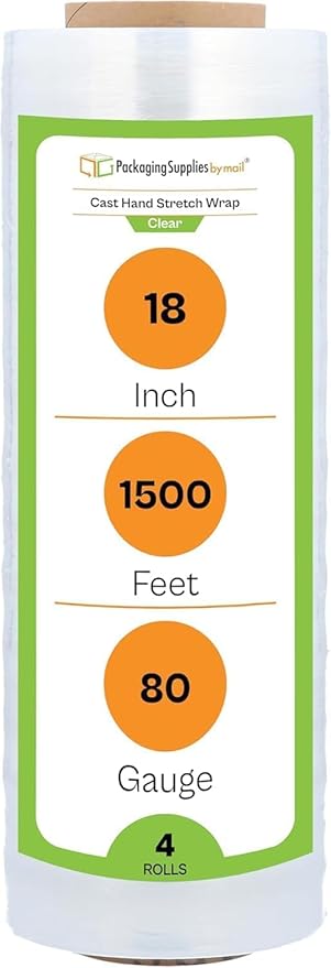 PSBM Stretch Wrap, 4 Pack, 18 Inch x 1500 Feet, 80 Gauge, Clear Plastic Cling, Cast Hand Stretch Film Rolls for Packaging Moving Packing