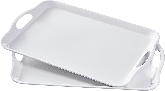 Blue Boat 14" x 10" Serving Trays Set of 2 White, Dinner Tray, Light Weight Easy to Clean Sturdy Stackable Melamine Serving Tray with Handle, Fruit, Snacks, and Desserts Trays