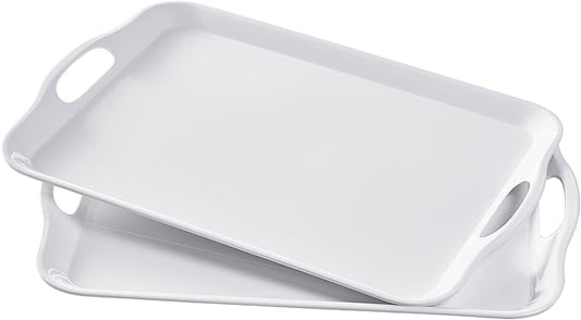 Blue Boat 14" x 10" Serving Trays Set of 2 White, Dinner Tray, Light Weight Easy to Clean Sturdy Stackable Melamine Serving Tray with Handle, Fruit, Snacks, and Desserts Trays