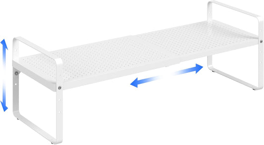 Expandable Cabinet Shelf Organizer Adjustable Metal Spice Rack Stackable Freestanding Counter Storage Shelves for Kitchen Cabinet Under Sink Office Desk (White - 1Pack - L16.5-27'' * W10.2'' * H9.6'')