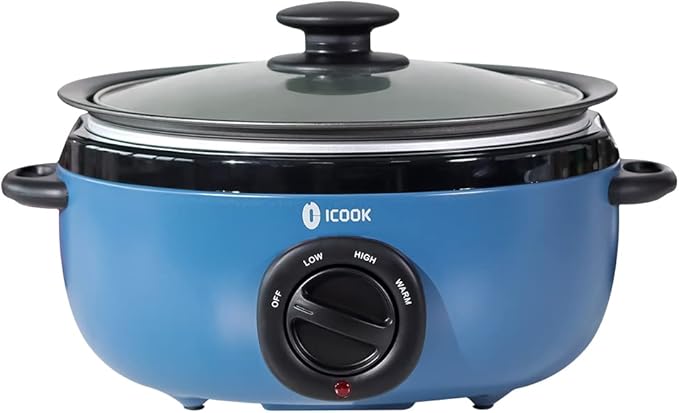 ICOOK USC-35-OP001BL 3.5 Quart Slow Cooker,Aluminium Sear/Sauté Stew Pot Stovetop safe,Dishwasher Safe,Glass Lid,Adjustable Temp,Food Warmer,Blue