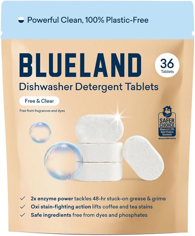 BLUELAND 100% Plastic-Free Dishwasher Detergent Tablets, 36 Count, Free & Clear, Eco-Friendly Dishwashing Pods, Natural, Sustainable