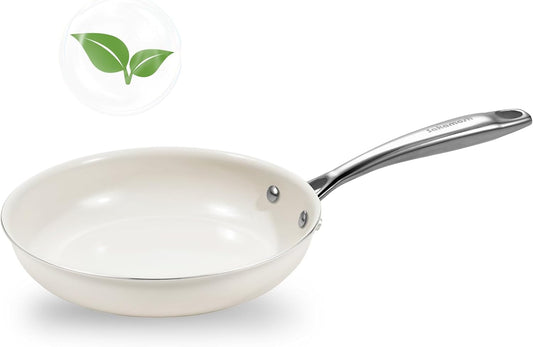 8" Ceramic Nonstick Frying Pan, Small Skillet, Cooking Pan Non Toxic with Stay Cool Handle for Induction, PTFE & PFAS & PFOA Free, Dishwasher/Oven Safe, White