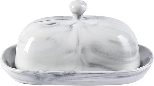 Yundu Grey Marble Butter Dish with Lid, Ceramics Butter Keeper Container, Perfect for East/West Butter