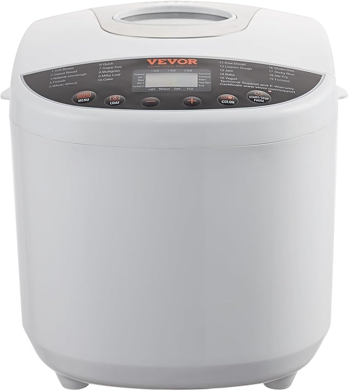 VEVOR Bread Maker, 19-in-1 2LB Dough Machine, Nonstick Ceramic Pan Automatic Breadmaker with Gluten Free Setting, Whole Wheat Bread Making, Digital, Programmable, 3 Loaf Sizes, 3 Crust Colors, White