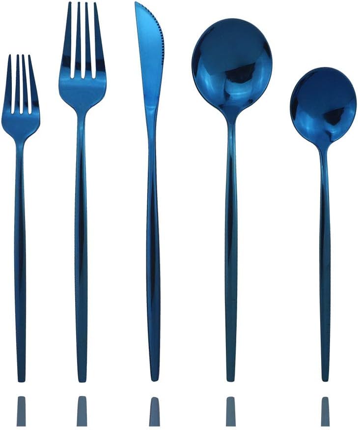 JASHII Shiny Blue Silverware Set, 20-Piece Stainless Steel Satin Finish Flatware, Kitchen Utensils, Mirror Polished Tableware Cutlery for Home and Restaurant, Dishwasher Safe