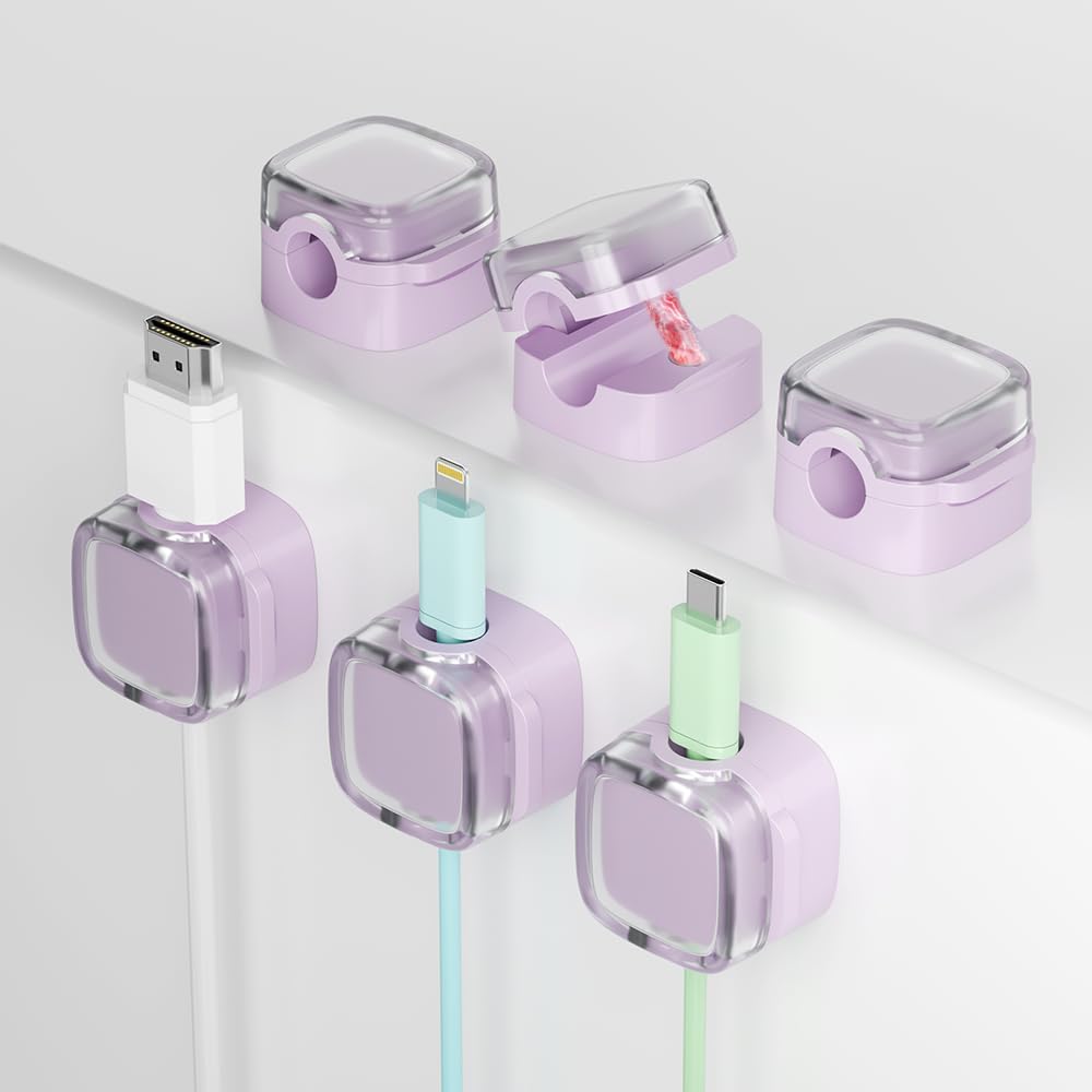 6-Pack Magnetic Cord Holder, Cord Holder with Strong Magnetic Lid, Holds Cables Firmly, 7 mm Charger Holder & HDMI Cord Organizer Clips, Strong Adhesive Pad (Purple)