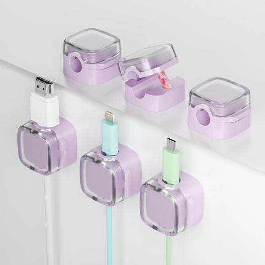 6-Pack Magnetic Cord Holder, Cord Holder with Strong Magnetic Lid, Holds Cables Firmly, 7 mm Charger Holder & HDMI Cord Organizer Clips, Strong Adhesive Pad (Purple)