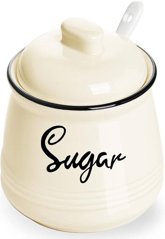 HAOTOP Farmhouse Porcelain Sugar Bowl with Lid and Spoon 12oz,Easy to Clean (Beige)