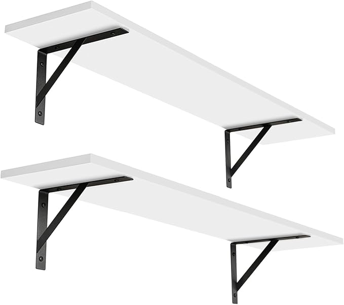 DINZI LVJ Long Wall Shelves, 31.5 x 7.9 x 6.1 Inches, Set of 2 White Floating Shelves, Easy-to-Install, Large Storage Ledges with Sturdy Metal Brackets for Living Room, Bathroom, Bedroom, Kitchen