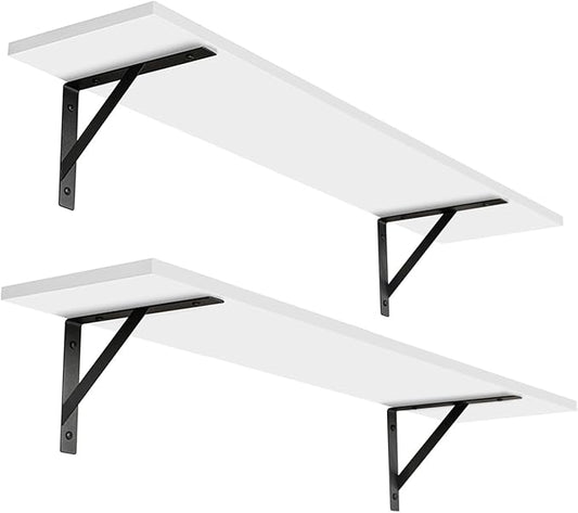 DINZI LVJ Long Wall Shelves, 31.5 x 7.9 x 6.1 Inches, Set of 2 White Floating Shelves, Easy-to-Install, Large Storage Ledges with Sturdy Metal Brackets for Living Room, Bathroom, Bedroom, Kitchen