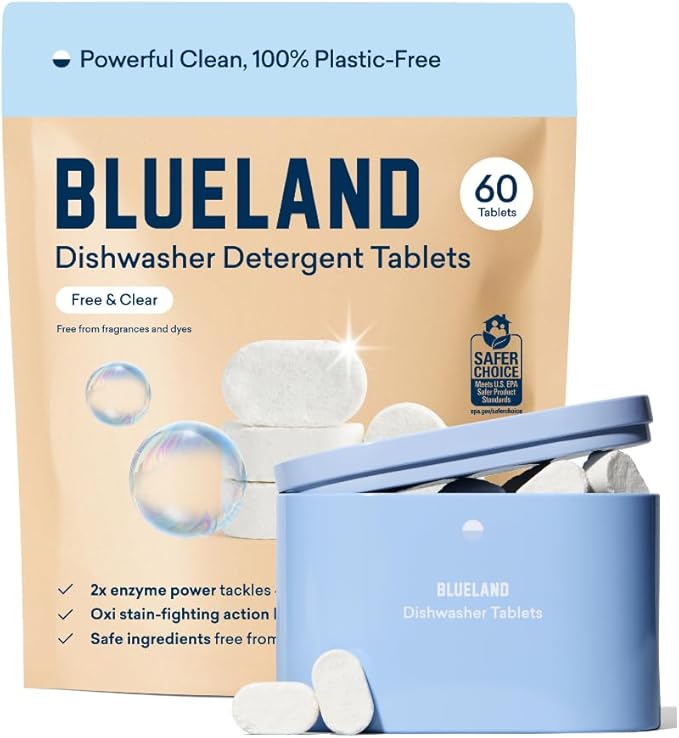 BLUELAND 100% Plastic-Free Dishwasher Detergent Tablets, Starter Set, 60 Count with tin, Free & Clear, Eco-Friendly Dishwashing Pods, Natural, Sustainable
