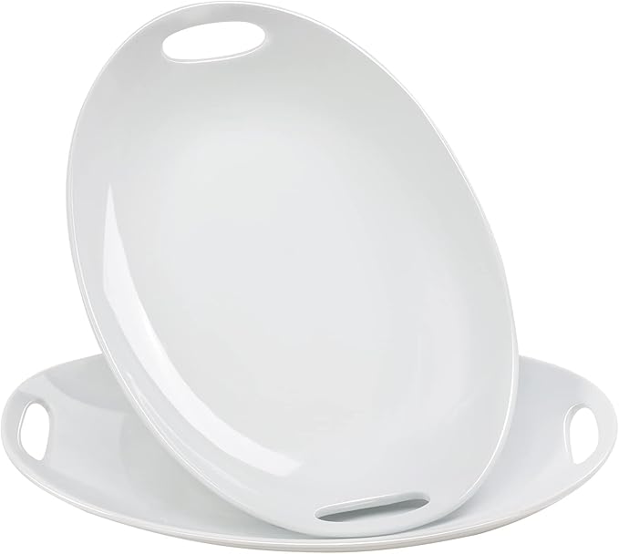 Porcelain Serving Platter with Handles, 14" serving dishes for entertaining, Oval Serving tray for Salad, Stew, Fruits and Pasta, Set of 2, White