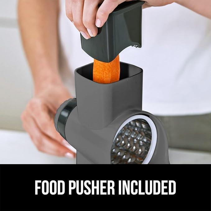 GORILLA GRIP BPA-Free Rotary Cheese Grater Hand Crank, Easy to Set Up, Strong Suction Base for Kitchen Countertop, Shred Potato, Vegetable, Nuts in Seconds, Round Mandoline Slicer, 3 Blades, Gray
