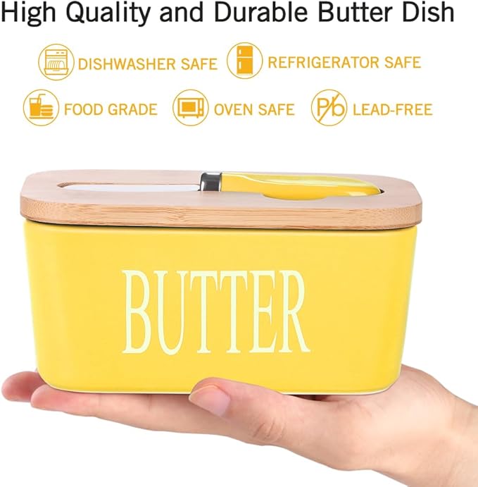 Ceramic Butter Dish with Wooden Lid, Large Butters Container Keeper Storage with Stainless Steel Knife Spreader, Bamboo Cover and Silicone Sealing Ring for West East Coast, Yellow