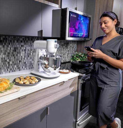 GE Profile Smart Stand Mixer w/Built-In Smart Scale & Auto Sense Technology, 7qt Stainless Steel Bowl, 11 Speed l Dough Hook, Beater, 11-wire whip l works w/Amazon Alexa & Google Home l Stone White