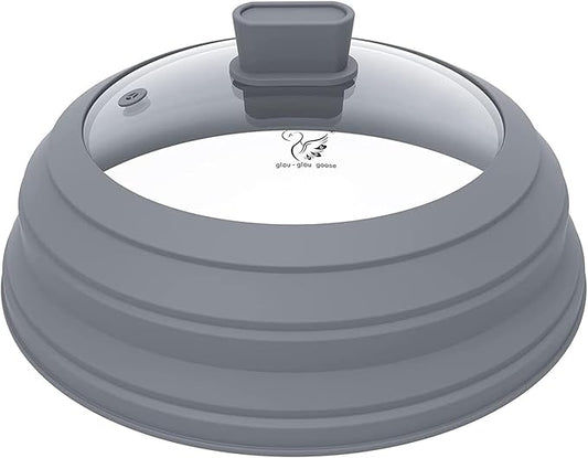 Microwave Splatter Cover Glass Splatter Guard Lid with Collapsible Silicone for Food Pot Plate Cover 10.8 inch Light Grey