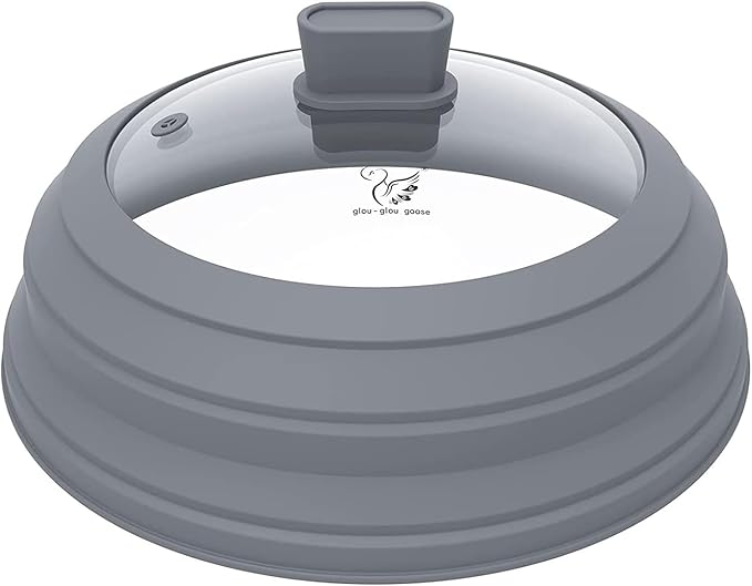Microwave Splatter Cover Glass Cover Guard Lid with Collapsible Silicone for Food Pot Plate Cover 9.8 inch Light Grey