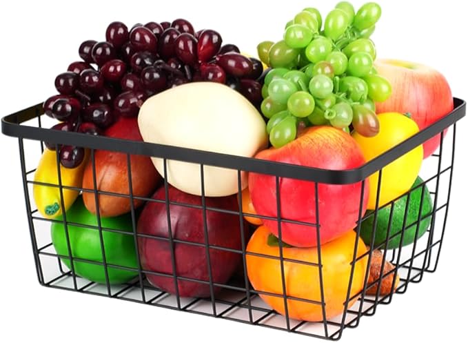 Kitchen Metal Wire Baskets with Handles Food Storage Organizer, Household Refrigerator for Cabinets,Pantry,Bathroom,Black,2 Pack