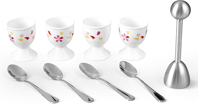 Cinf Sakura Ceramic Egg Cups & Cracker Set | Set of 4 Ceramic Egg Cups + 4 SS Spoons + 1 Egg Topper Breakfast Boiled Cooking Easy to Clean Childhood Memories Kitchen