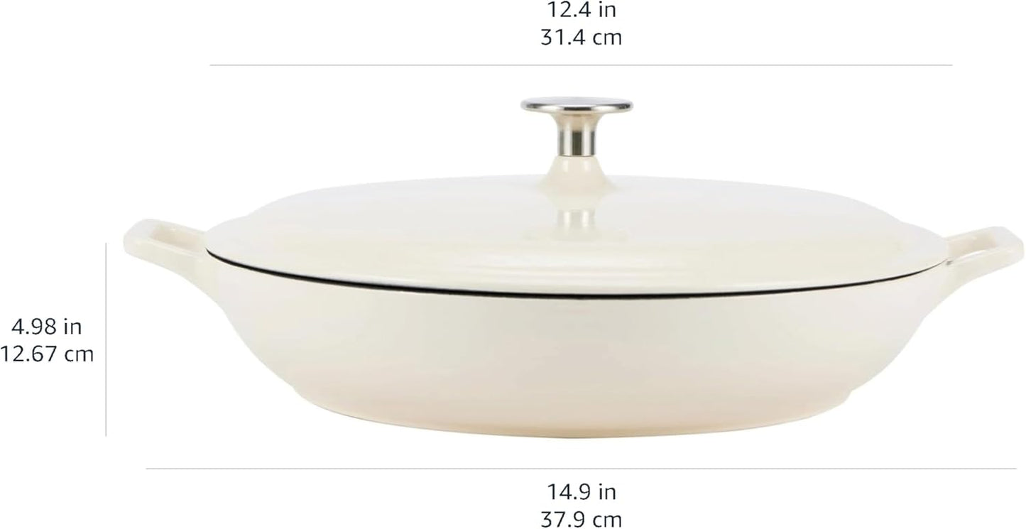 Amazon Basics Enameled Cast Iron Covered Round Casserole Skillet with Lid for Oven, 3.3-Quart, White