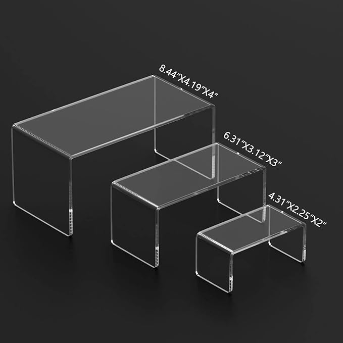 HIIMIEI Acrylic Risers for Display Clear 3-Tier Risers Stands Showcase for Amiibo Funko Pop Figures, Dessert, Jewelry-8.4"x 6.3"x 4.3" (2 Sets)