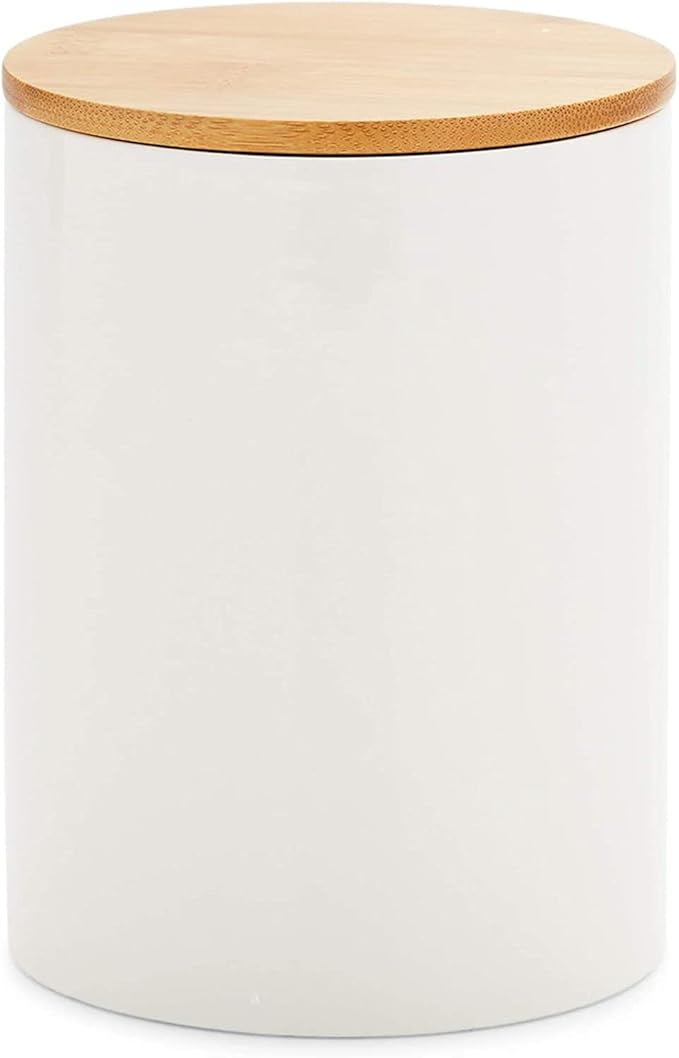 Farmlyn Creek Set of 3 White Ceramic Canisters with Airtight Wooden Bmaboo Lids - Kitchen Counter Containers - Food Storage Jars for Storing Sugar, Coffee, Snacks and Other Dry Goods (3 Sizes)