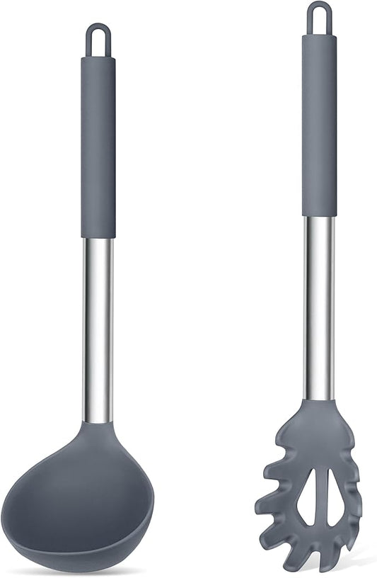 TeamFar Silicone Kitchen Utensils, 2 Pcs Large Nonstick Soup Ladle and Pasta Fork for Cooking Mixing Serving Soup, Sauce, Spaghetti, Eggs, Non-Toxic & Heat-Proof, Dishwasher Safe, Light Grey