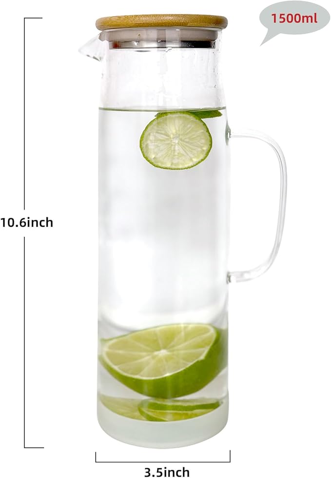 hjn Glass Pitcher with Lid Glass Water Carafe with Handle, Fridge Water Jug Cold or Hot Beverages, Iced Tea, Milk, Juice 1500ml/51oz & bamboo lid