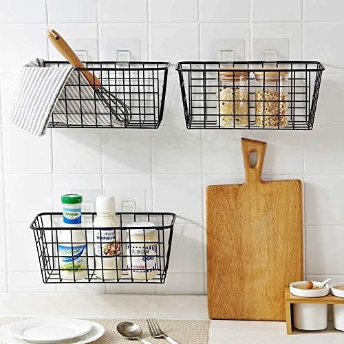 3 Set LeleCAT Adhesive Over the Cabinet Door Wire Baskets for Organizing for Kitchen Food Pantry Bathroom Shelf Storage No Drilling Wall Mounted,Black