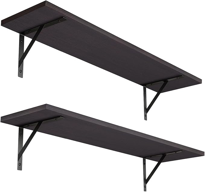 DINZI LVJ Long Wall Shelves, 23.6 Inch Wall Mounted Shelves Set of 2, Easy-to-Install, Wall Storage Ledges with Sturdy Metal Brackets for Living Room, Bathroom, Bedroom, Kitchen, Espresso