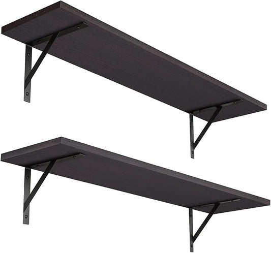 DINZI LVJ Long Wall Shelves, 23.6 Inch Wall Mounted Shelves Set of 2, Easy-to-Install, Wall Storage Ledges with Sturdy Metal Brackets for Living Room, Bathroom, Bedroom, Kitchen, Espresso