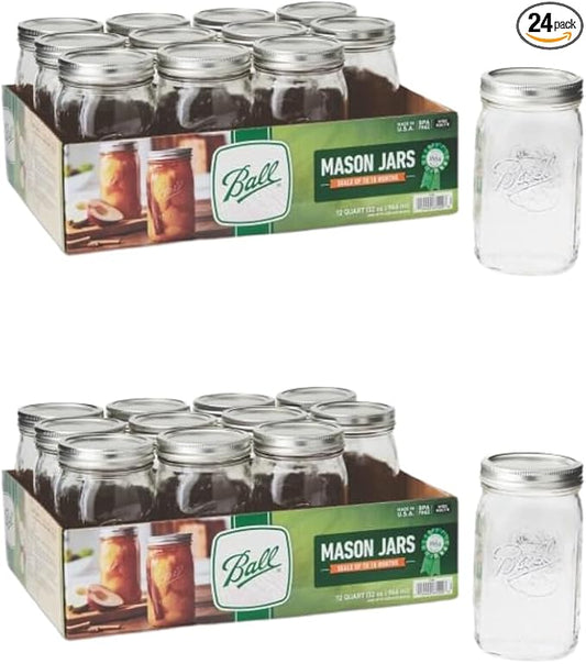 Ball Wide Mouth Glass Mason Jars with Lids and Bands, Used for Canning, Pickling, Juice, Jam, Jelly, Quart Size 32 Ounce (Pack of 24)