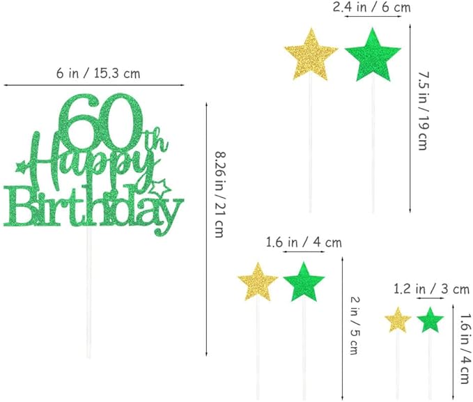 Glittery 60th Happy Birthday Cake Topper with Star,Personalised 60 Birthday Cake Toppers Party Decorations Party Supplies for Boys Girls Green Gold