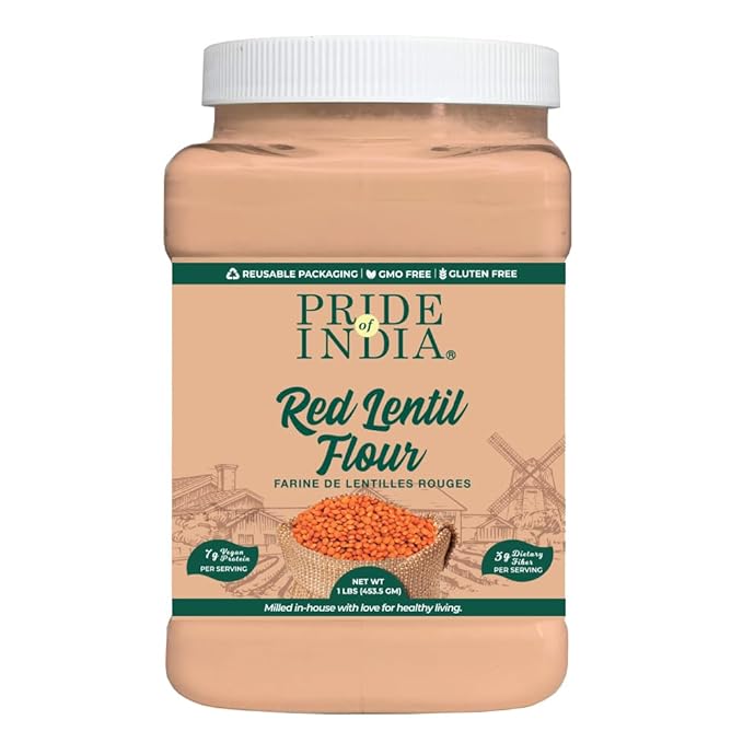 Pride of India- Red Lentil Flour 1 lbs (454 gm) Hint of Sweetness Slightly Nutty Earthy Flavor Freshly Milled in Small Batches |Ideal for Cakes Sauces Pasta Crepes Meatballs | Vegan, Gluten Free