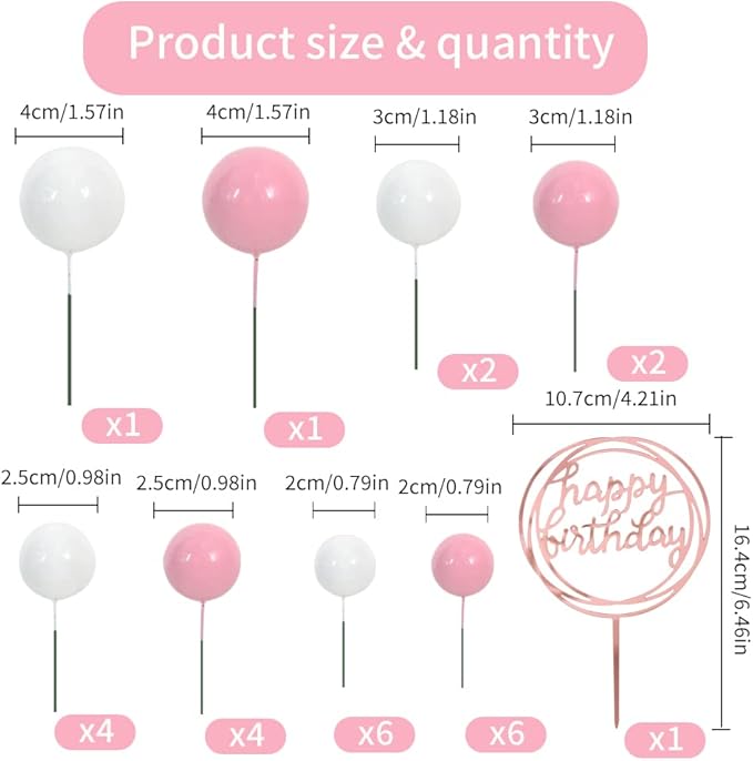 BEISHIDA 27 PCS Pink and White Ball Cake Topper Mini Balloons Cake Toppers Foam Ball Cupcake Toppers Happy Birthday Cake Insert Pick DIY for Anniversary Wedding Cake Decorations Baby Shower Party