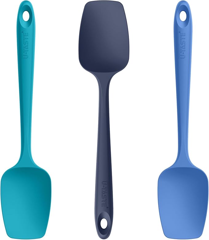 U-Taste Silicone Spoon Spatula Set: 480ºF Heat Resistant Food Grade Flexible Rubber Spoonula, Nonstick Cooking Mixing Scooping Kitchen Baking Scraper Utensils Set of 3 for Pan, Pot, Bowl (Multicolors)