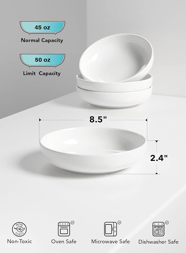 LE TAUCI Pasta Bowls 45 oz, Salad Bowls Set for Serving Soup, Pasta, Noodle, Dinner, Large Kitchen Bowl Plates, Microwave Safe - 8.5 Inch, Set of 4, White