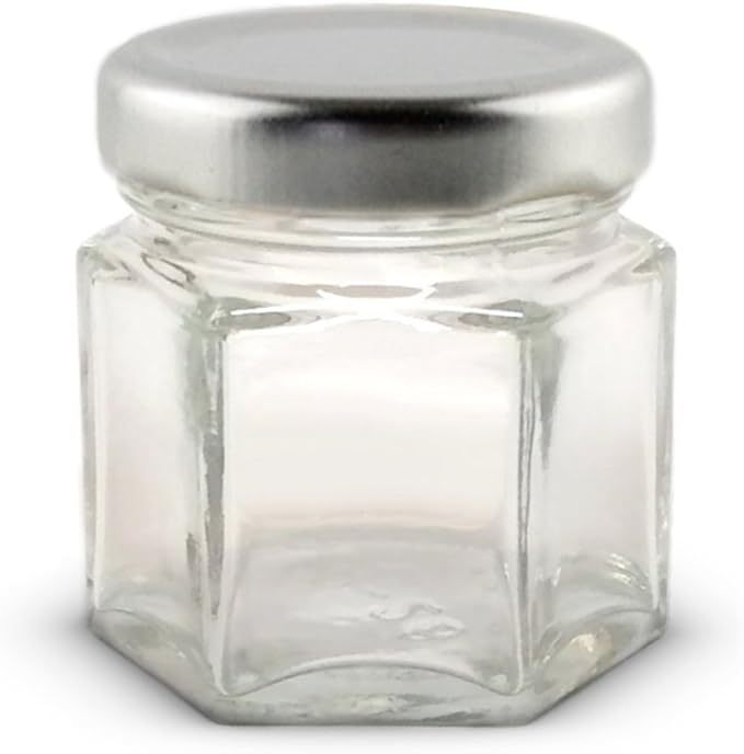 1.5 oz Hexagon Mini Glass Jars with Silver Lids (Pack of 24)